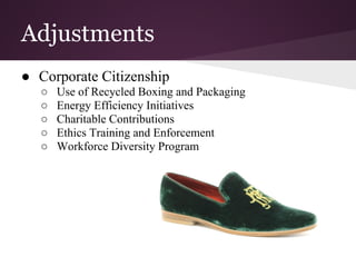 Adjustments
● Corporate Citizenship
○ Use of Recycled Boxing and Packaging
○ Energy Efficiency Initiatives
○ Charitable Contributions
○ Ethics Training and Enforcement
○ Workforce Diversity Program
 