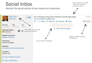 Social Inbox
Monitor the social activity of your leads and customers.
• Monitor keywords,
mentions and links
• Find Twitte...