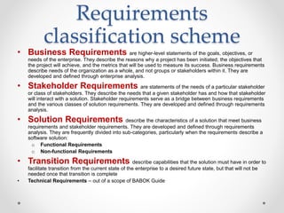 Requirements
classification scheme
• Business Requirements are higher-level statements of the goals, objectives, or
needs of the enterprise. They describe the reasons why a project has been initiated, the objectives that
the project will achieve, and the metrics that will be used to measure its success. Business requirements
describe needs of the organization as a whole, and not groups or stakeholders within it. They are
developed and defined through enterprise analysis.
• Stakeholder Requirements are statements of the needs of a particular stakeholder
or class of stakeholders. They describe the needs that a given stakeholder has and how that stakeholder
will interact with a solution. Stakeholder requirements serve as a bridge between business requirements
and the various classes of solution requirements. They are developed and defined through requirements
analysis.
• Solution Requirements describe the characteristics of a solution that meet business
requirements and stakeholder requirements. They are developed and defined through requirements
analysis. They are frequently divided into sub-categories, particularly when the requirements describe a
software solution:
o Functional Requirements
o Non-functional Requirements
• Transition Requirements describe capabilities that the solution must have in order to
facilitate transition from the current state of the enterprise to a desired future state, but that will not be
needed once that transition is complete
• Technical Requirements – out of a scope of BABOK Guide
 