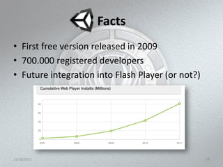 Facts
• First free version released in 2009
• 700.000 registered developers
• Future integration into Flash Player (or not?)




11/10/2011                                         19
 