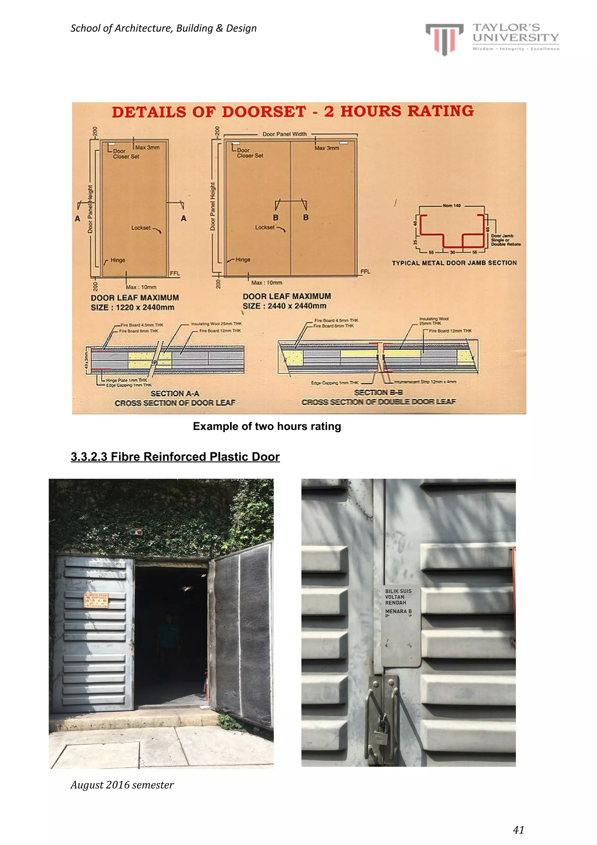 School of Architecture, Building & Design
Example of two hours rating
3.3.2.3 Fibre Reinforced Plastic Door
August 2016 semester
41
 