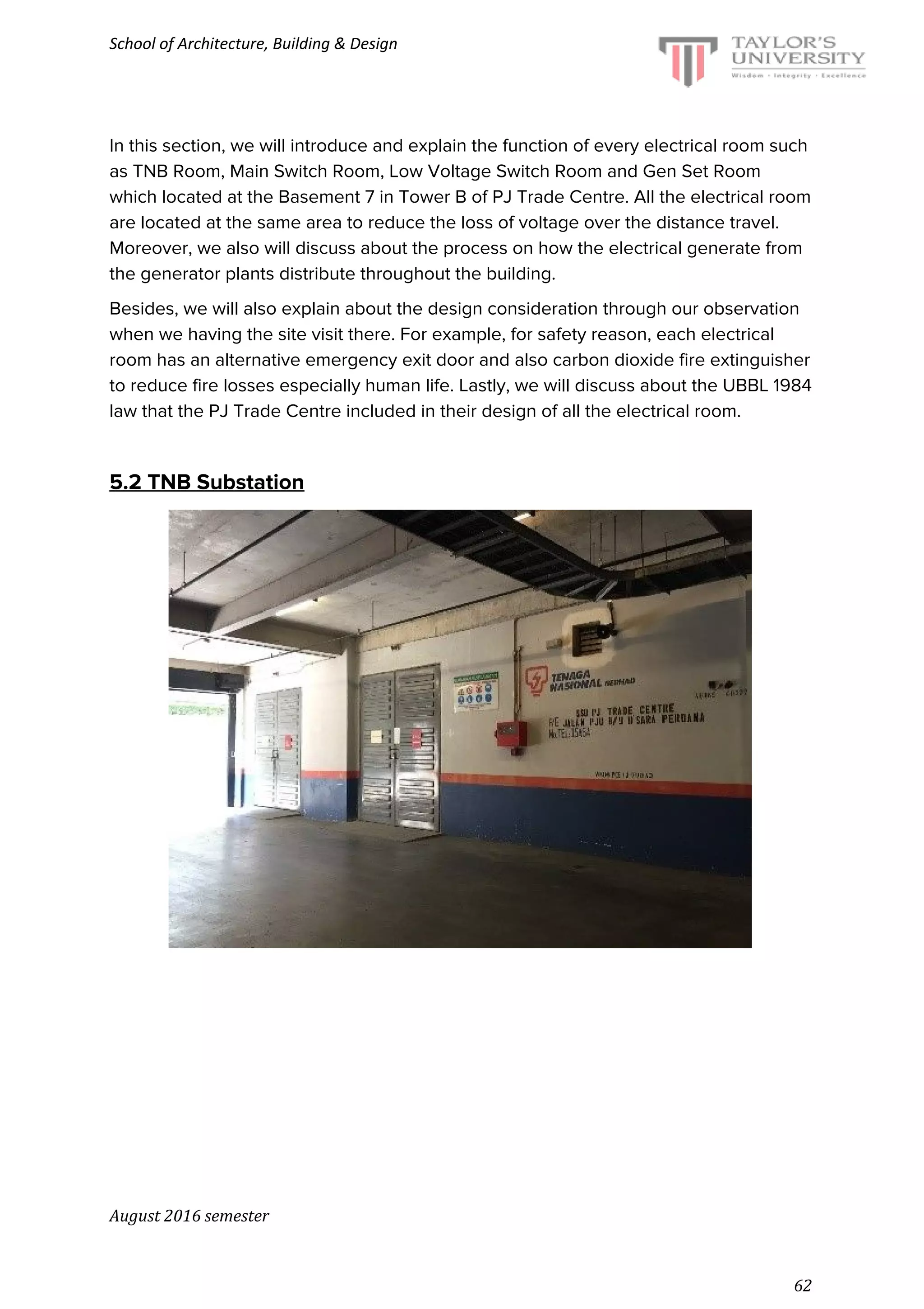 School of Architecture, Building & Design
In this section, we will introduce and explain the function of every electrical room such
as TNB Room, Main Switch Room, Low Voltage Switch Room and Gen Set Room
which located at the Basement 7 in Tower B of PJ Trade Centre. All the electrical room
are located at the same area to reduce the loss of voltage over the distance travel.
Moreover, we also will discuss about the process on how the electrical generate from
the generator plants distribute throughout the building.
Besides, we will also explain about the design consideration through our observation
when we having the site visit there. For example, for safety reason, each electrical
room has an alternative emergency exit door and also carbon dioxide fire extinguisher
to reduce fire losses especially human life. Lastly, we will discuss about the UBBL 1984
law that the PJ Trade Centre included in their design of all the electrical room.
5.2 TNB Substation
August 2016 semester
62
 