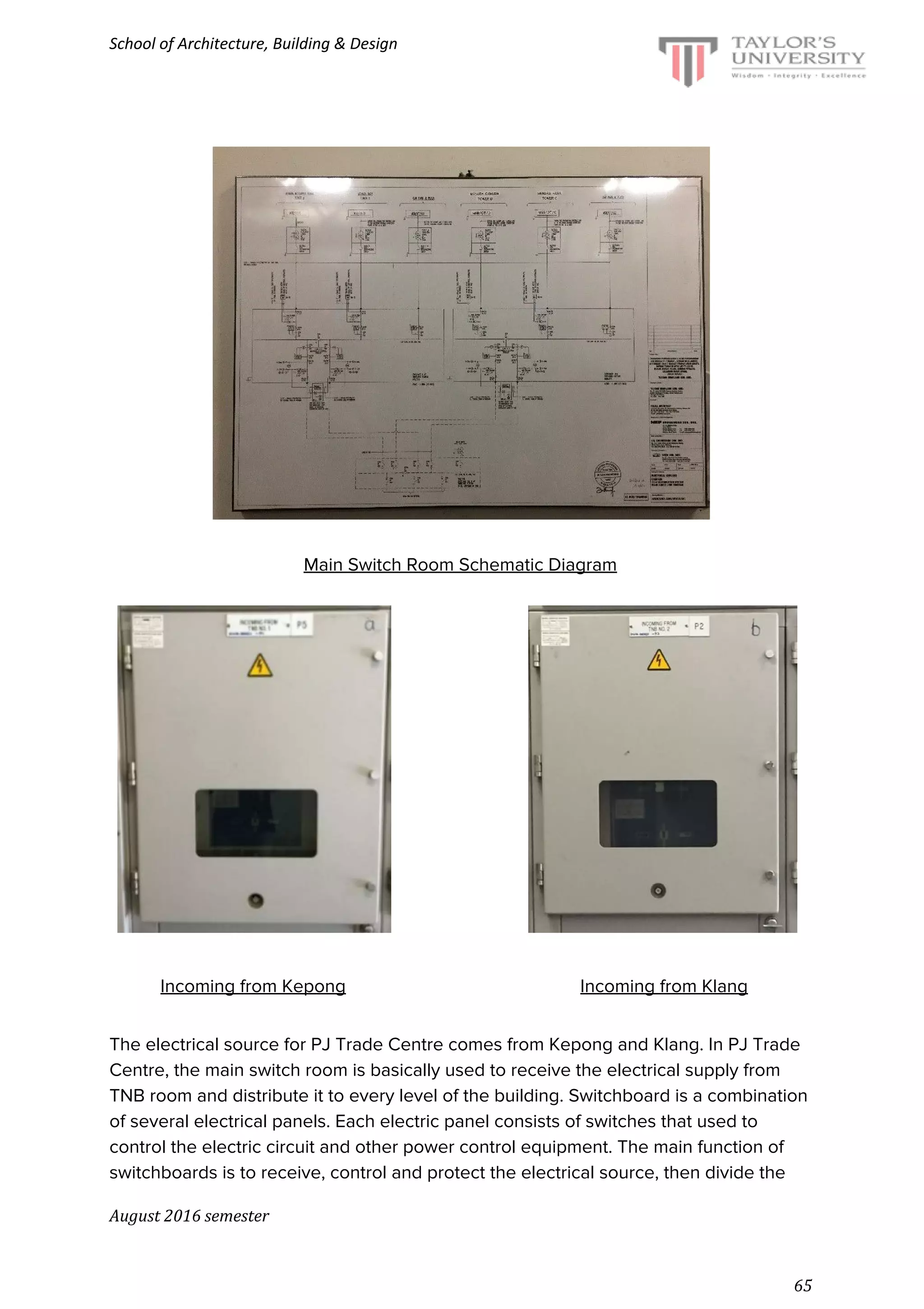 School of Architecture, Building & Design
Main Switch Room Schematic Diagram
​ ​ ​Incoming from Kepong ​Incoming from Klang
The electrical source for PJ Trade Centre comes from Kepong and Klang. In PJ Trade
Centre, the main switch room is basically used to receive the electrical supply from
TNB room and distribute it to every level of the building. Switchboard is a combination
of several electrical panels. Each electric panel consists of switches that used to
control the electric circuit and other power control equipment. The main function of
switchboards is to receive, control and protect the electrical source, then divide the
August 2016 semester
65
 