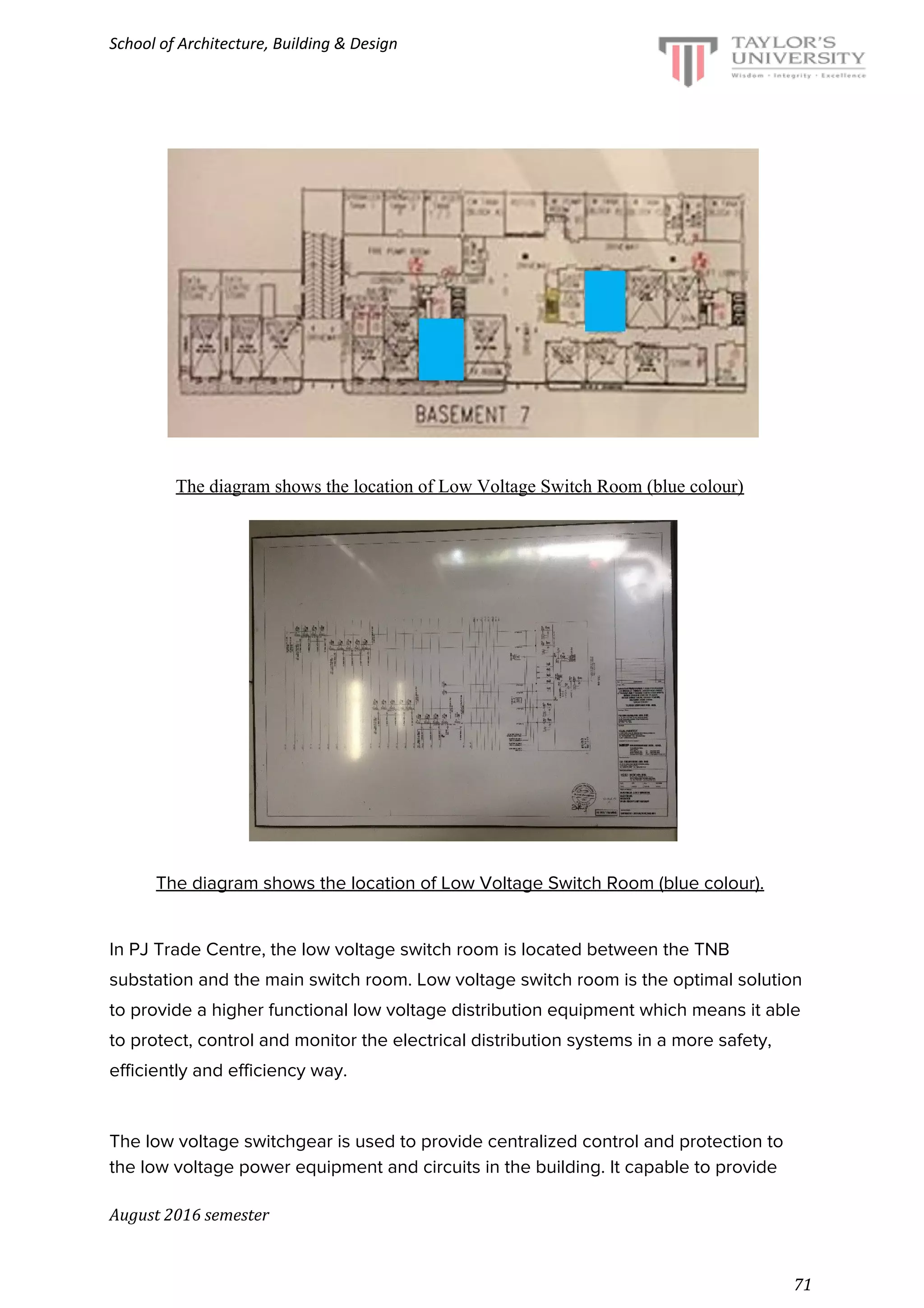 School of Architecture, Building & Design
The diagram shows the location of Low Voltage Switch Room (blue colour)
The diagram shows the location of Low Voltage Switch Room (blue colour).
In PJ Trade Centre, the low voltage switch room is located between the TNB
substation and the main switch room. Low voltage switch room is the optimal solution
to provide a higher functional low voltage distribution equipment which means it able
to protect, control and monitor the electrical distribution systems in a more safety,
efficiently and efficiency way.
The low voltage switchgear is used to provide centralized control and protection to
the low voltage power equipment and circuits in the building. It capable to provide
August 2016 semester
71
 