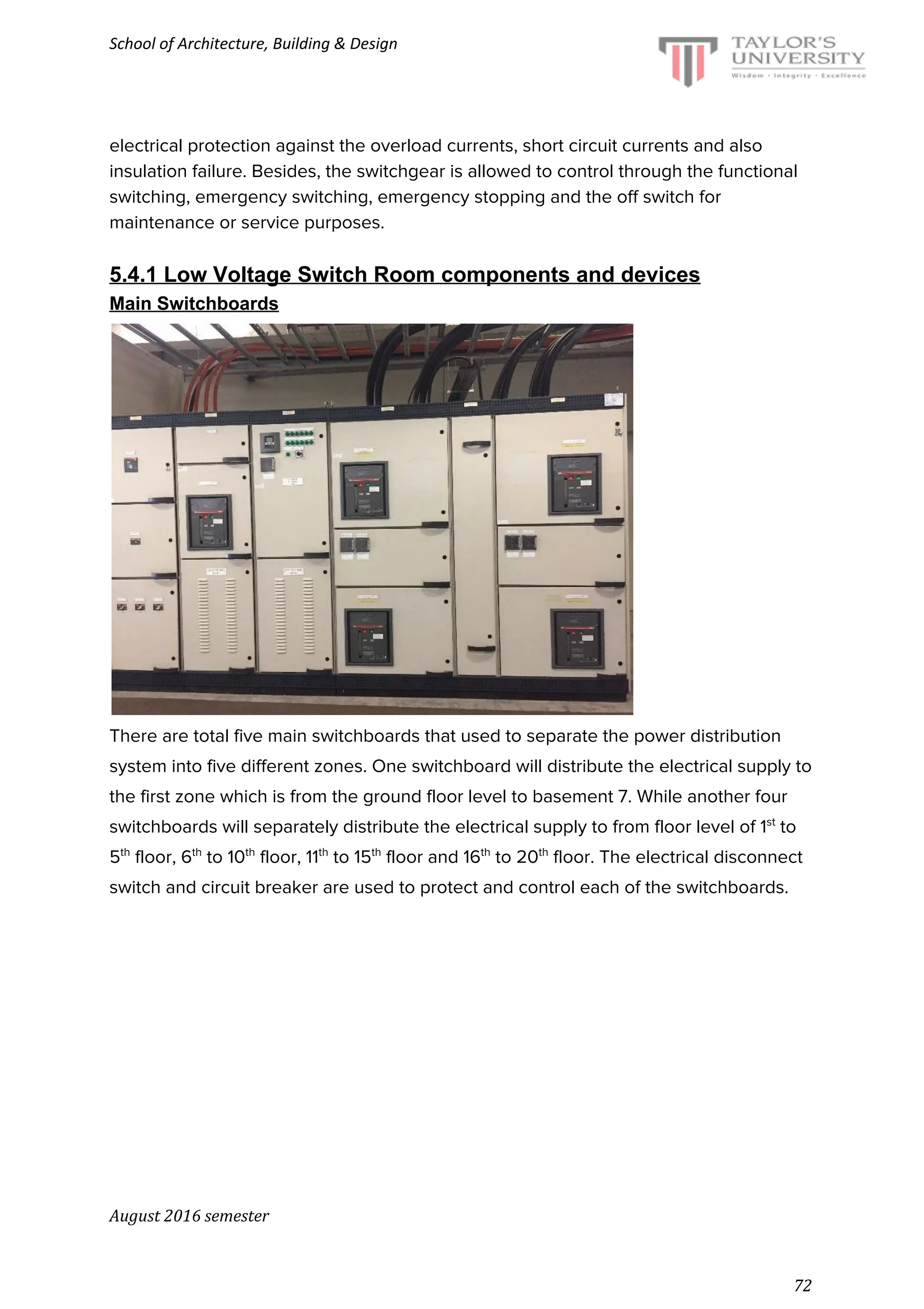 School of Architecture, Building & Design
electrical protection against the overload currents, short circuit currents and also
insulation failure. Besides, the switchgear is allowed to control through the functional
switching, emergency switching, emergency stopping and the off switch for
maintenance or service purposes.
5.4.1 Low Voltage Switch Room components and devices
Main Switchboards
There are total five main switchboards that used to separate the power distribution
system into five different zones. One switchboard will distribute the electrical supply to
the first zone which is from the ground floor level to basement 7. While another four
switchboards will separately distribute the electrical supply to from floor level of 1​st​
to
5​th​
floor, 6​th​
to 10​th​
floor, 11​th​
to 15​th​
floor and 16​th​
to 20​th​
floor. The electrical disconnect
switch and circuit breaker are used to protect and control each of the switchboards.
August 2016 semester
72
 