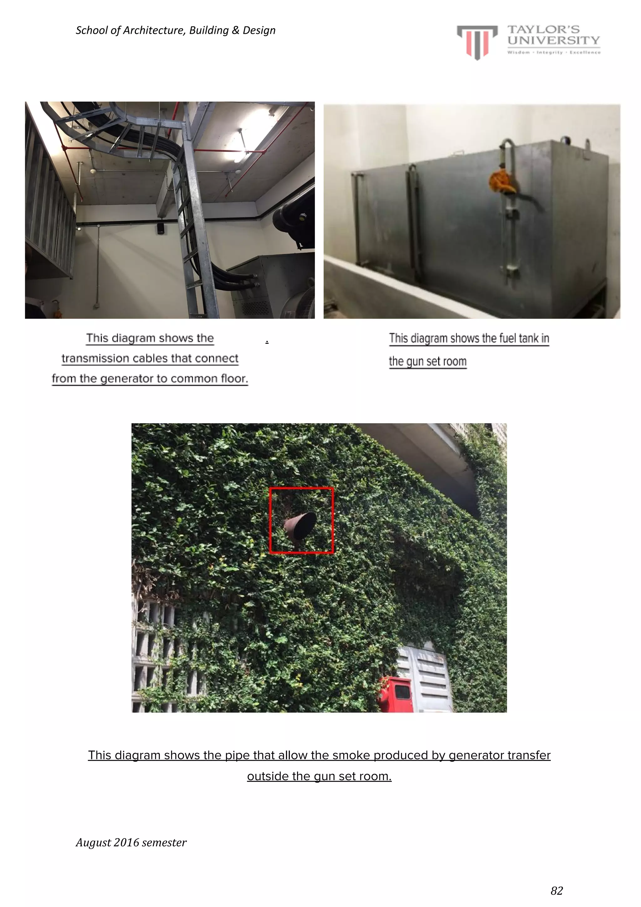 School of Architecture, Building & Design
.
This diagram shows the pipe that allow the smoke produced by generator transfer
outside the gun set room.
August 2016 semester
82
 