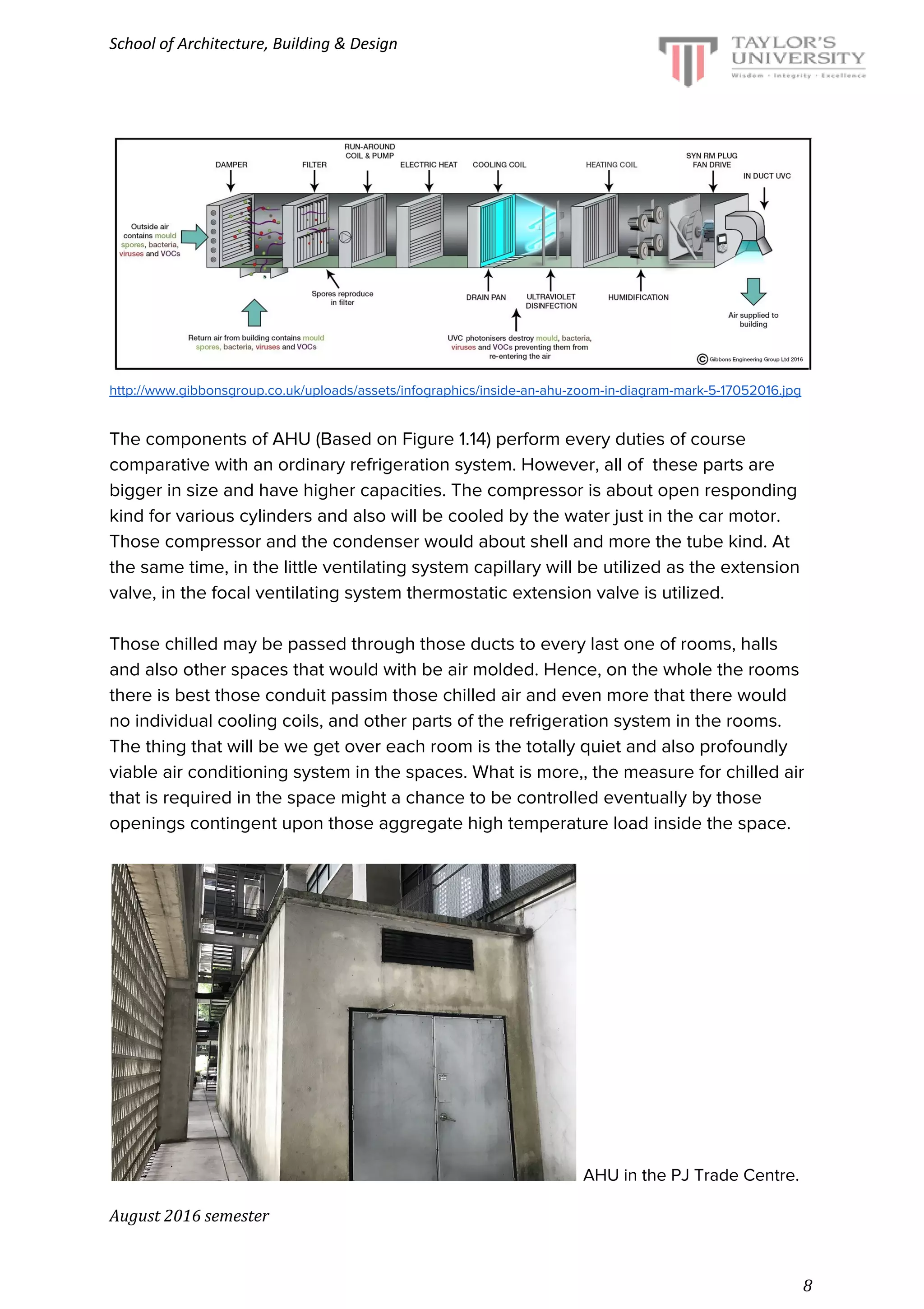 School of Architecture, Building & Design
http://www.gibbonsgroup.co.uk/uploads/assets/infographics/inside-an-ahu-zoom-in-diagram-mark-5-17052016.jpg
The components of AHU (Based on Figure 1.14) perform every duties of course
comparative with an ordinary refrigeration system. However, all of these parts are
bigger in size and have higher capacities. The compressor is about open responding
kind for various cylinders and also will be cooled by the water just in the car motor.
Those compressor and the condenser would about shell and more the tube kind. At
the same time, in the little ventilating system capillary will be utilized as the extension
valve, in the focal ventilating system thermostatic extension valve is utilized.
Those chilled may be passed through those ducts to every last one of rooms, halls
and also other spaces that would with be air molded. Hence, on the whole the rooms
there is best those conduit passim those chilled air and even more that there would
no individual cooling coils, and other parts of the refrigeration system in the rooms.
The thing that will be we get over each room is the totally quiet and also profoundly
viable air conditioning system in the spaces. What is more,, the measure for chilled air
that is required in the space might a chance to be controlled eventually by those
openings contingent upon those aggregate high temperature load inside the space.
​AHU in the PJ Trade Centre.
August 2016 semester
8
 