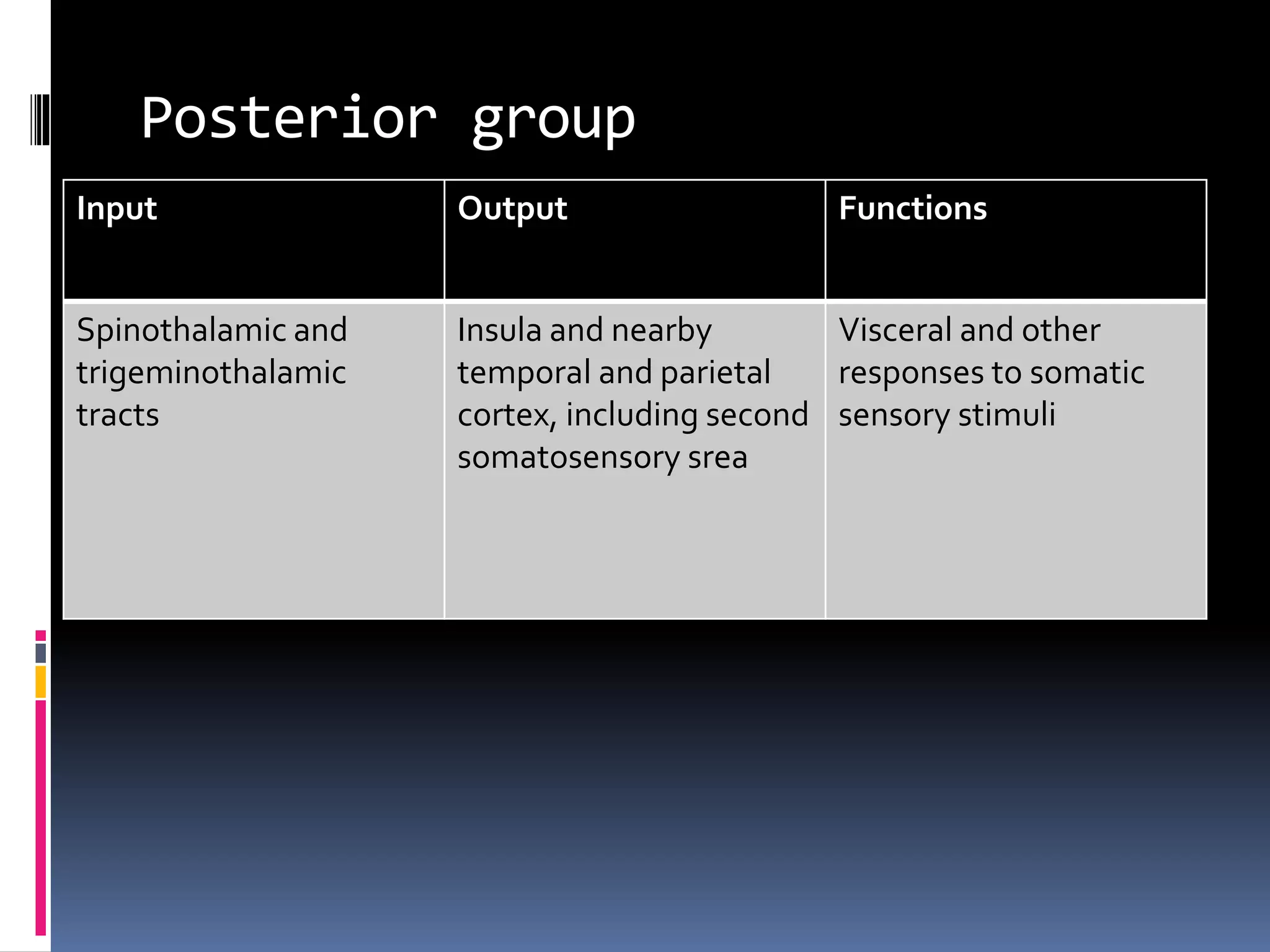Posterior group
Input Output Functions
Spinothalamic and
trigeminothalamic
tracts
Insula and nearby
temporal and parietal
cortex, including second
somatosensory srea
Visceral and other
responses to somatic
sensory stimuli
 