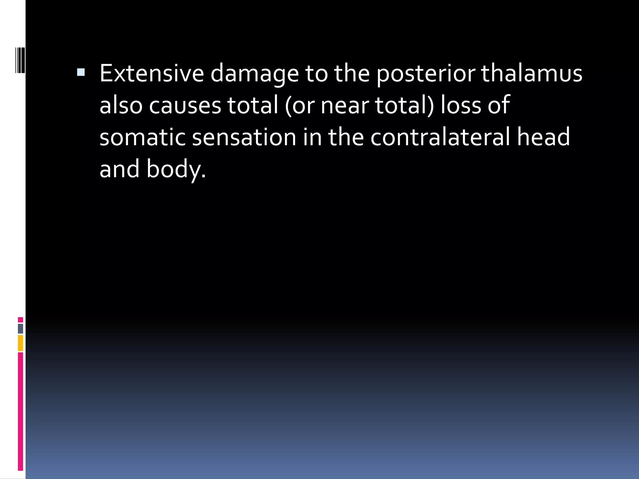  Extensive damage to the posterior thalamus
also causes total (or near total) loss of
somatic sensation in the contralateral head
and body.
 