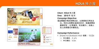 HOLA 特力屋 Client: HOLA 特力屋 Time: 2010 年 12 月 Campaign Objective: 借由晒婚纱照的竞赛活动，以美图吸引网友关注。同时以竞赛及抽奖的形式，刺激参赛者邀请好友，“分享越多、机会越大”，创造人拉人的病毒式传播效应。 Campaign Performance: Shares to Clickback Viral  倍数： 10.22x 单日最高： 31.47x 单日最低： 4.33x 