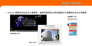 顶级分享级别 bShare 是国内的社会化分享服务，能够将既有的分享功能提升为完整的社会化分享服务 OpenID 分享 视频直接分享 图片分享 