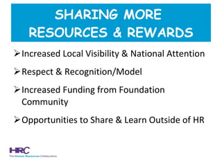 Increased Local Visibility & National Attention Respect & Recognition/Model  Increased Funding from Foundation Community Opportunities to Share & Learn Outside of HR SHARING MORE  RESOURCES & REWARDS 