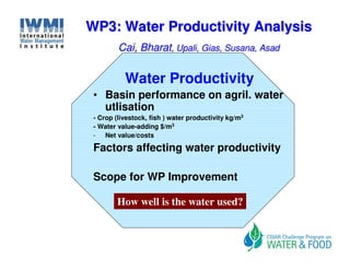 WP3: Water Productivity Analysis
         Cai, Bharat, Upali, Gias, Susana, Asad


           Water Productivity
 • Basin performance on agril. water
   utlisation
 - Crop (livestock, fish ) water productivity kg/m3
 - Water value-adding $/m3
 - Net value/costs

 Factors affecting water productivity

 Scope for WP Improvement

        How well is the water used?
 