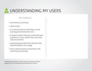 UNDERSTANDING MY USERS
the students
*information based on interview with teacher and her
students from Club Boulevard Elementary School
>
>
>
>
>
>
love hands on activities
need visuals
it is best for them to think they are not
learning (school becomes fun)
it tends to help if they are confronted with
problems or issues within their own town
and environment
enjoy being provided with solutions that
they themselves can change
like to make personal connections with
what they are learning
 