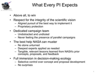 What Every PI Expects
JPL Innovation Foundry



                • Above all, to win
                • Respect for the integrity of the scientific vision
                         – Aligned pursuit of the best way to implement it
                         – Proprietary protection
                • Dedicated campaign team
                         – Undistracted and undiluted
                         – Never feeling the presence of parallel campaigns
                • The best help NASA can muster
                         – No stone unturned
                         – Deepest experts applied as needed
                         – Tangible, relevant lessons learned from NASA’s prior
                           concepts, proposals, and feedback
                • Full immersion in decision-making ecology
                         – Selective control over concept and proposal development
                         – No surprises

                                                                                     5
 