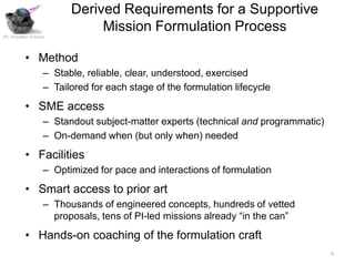Derived Requirements for a Supportive
                                Mission Formulation Process
JPL Innovation Foundry




           • Method
                     – Stable, reliable, clear, understood, exercised
                     – Tailored for each stage of the formulation lifecycle
           • SME access
                     – Standout subject-matter experts (technical and programmatic)
                     – On-demand when (but only when) needed
           • Facilities
                     – Optimized for pace and interactions of formulation
           • Smart access to prior art
                     – Thousands of engineered concepts, hundreds of vetted
                       proposals, tens of PI-led missions already “in the can”
           • Hands-on coaching of the formulation craft
                                                                                      6
 