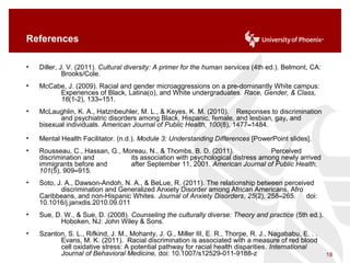 References
• Diller, J. V. (2011). Cultural diversity: A primer for the human services (4th ed.). Belmont, CA:
Brooks/Cole.
• McCabe, J. (2009). Racial and gender microaggressions on a pre-dominantly White campus:
Experiences of Black, Latina(o), and White undergraduates. Race, Gender, & Class,
16(1-2), 133–151.
• McLaughlin, K. A., Hatznbeuhler, M. L., & Keyes, K. M. (2010). Responses to discrimination
and psychiatric disorders among Black, Hispanic, female, and lesbian, gay, and
bisexual individuals. American Journal of Public Health, 100(8), 1477–1484.
• Mental Health Facilitator. (n.d.). Module 3: Understanding Differences [PowerPoint slides].
• Rousseau, C., Hassan, G., Moreau, N., & Thombs, B. D. (2011). Perceived
discrimination and its association with psychological distress among newly arrived
immigrants before and after September 11, 2001. American Journal of Public Health,
101(5), 909–915.
• Soto, J. A., Dawson-Andoh, N. A., & BeLue, R. (2011). The relationship between perceived
discrimination and Generalized Anxiety Disorder among African Americans, Afro
Caribbeans, and non-Hispanic Whites. Journal of Anxiety Disorders, 25(2), 258–265. doi:
10.1016/j.janxdis.2010.09.011
• Sue, D. W., & Sue, D. (2008). Counseling the culturally diverse: Theory and practice (5th ed.).
Hoboken, NJ: John Wiley & Sons.
• Szanton, S. L., Rifkind, J. M., Mohanty, J. G., Miller III, E. R., Thorpe, R. J., Nagababu, E. . .
Evans, M. K. (2011). Racial discrimination is associated with a measure of red blood
cell oxidative stress: A potential pathway for racial health disparities. International
Journal of Behavioral Medicine, doi: 10.1007/s12529-011-9188-z 18
 