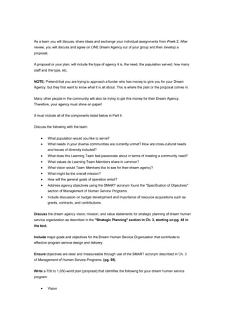 As a team you will discuss, share ideas and exchange your individual assignments from Week 2. After
review, you will discuss and agree on ONE Dream Agency out of your group and then develop a
proposal.
A proposal or your plan, will include the type of agency it is, the need, the population served, how many
staff and the type, etc.
NOTE: Pretend that you are trying to approach a funder who has money to give you for your Dream
Agency, but they first want to know what it is all about. This is where the plan or the proposal comes in.
Many other people in the community will also be trying to get this money for their Dream Agency.
Therefore, your agency must shine on paper!
It must include all of the components listed below in Part II.
Discuss the following with the team:
 What population would you like to serve?
 What needs in your diverse communities are currently unmet? How are cross-cultural needs
and issues of diversity included?
 What does this Learning Team feel passionate about in terms of meeting a community need?
 What values do Learning Team Members share in common?
 What vision would Team Members like to see for their dream agency?
 What might be the overall mission?
 How will the general goals of operation entail?
 Address agency objectives using the SMART acronym found the "Specification of Objectives"
section of Management of Human Service Programs.
 Include discussion on budget development and importance of resource acquisitions such as
grants, contracts, and contributions.
Discuss the dream agency vision, mission, and value statements for strategic planning of dream human
service organization as described in the "Strategic Planning" section in Ch. 3, starting on pg. 48 in
the text.
Include major goals and objectives for the Dream Human Service Organization that contribute to
effective program service design and delivery.
Ensure objectives are clear and measureable through use of the SMART acronym described in Ch. 3
of Management of Human Service Programs. (pg. 95)
Write a 700 to 1,050-word plan (proposal) that identifies the following for your dream human service
program:
 Vision
 