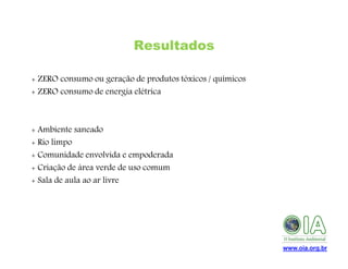Resultados
+ ZERO consumo ou geração de produtos tóxicos / químicos
+ ZERO consumo de energia elétrica

+ Ambiente saneado
+ Rio limpo
+ Comunidade envolvida e empoderada
+ Criação de área verde de uso comum
+ Sala de aula ao ar livre

www.oia.org.br

 