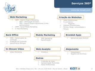 Serviços 360º

                                                                                              www.bsi-brasil.com


     Web Marketing                                                           Criação de Websites
       !    SEM – Search Engine Marketing                                     !     Sites Institucionais
             o  SEO – Ótimização de Sites                                     !     E-commerce
             o  SEA – Search Engine Advertising (Links                               o     Magento
                 patrocinados)                                                !     Hotsites Promocionais,
       !    SMM - Social Media Marketing                                      !     Portais, Blogs, comunidades e
       !    E-mail Marketing                                                        Fóruns



Back Office                               Mobile Marketing                             Branded Apps
!    CMS – Gerenciador de                    !    SMS Marketing                          !    Aplicativos para Android
     conteúdo                                !    Gameficação
!    Produção de Conteúdo
!    Atendimento Bilíngue



In Stream Vídeo                           Web Analytic                                 Alojamento
!    Vídeo Marketing                         !    Analytics                              !    Hospedagem
                                                                                         !    Registro de Domínios


                                          Outros
                                             !    Produção de Vídeo
                                             !    Apresentação Multimídia
                                             !    Fotos Profissionais

             BSI | info@bsi-brasil.com | Tel: +55 (21) 2524-8184 | Rio de Janeiro - Brasil                               4"
 