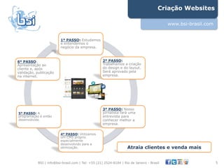 Criação Websites

                                                                                           www.bsi-brasil.com


                         1º PASSO: Estudamos
                         e entendemos o
                         negócio da empresa.



6º PASSO:                                           2º PASSO:
Apresentação ao                                     Trabalhamos a criação
cliente e, após                                     do design e do layout.
validação, publicação                               Será aprovado pela
na internet.                                        empresa.




                                                    3º PASSO: Nosso
5º PASSO: A                                         jornalista fará uma
programação é então                                 entrevista para
desenvolvida.                                       conhecer melhor a
                                                    empresa.

                         4º PASSO: Utilizamos
                         um CMS próprio
                         especialmente
                         desenvolvido para a
                         otimização.                               Atraia clientes e venda mais


           BSI | info@bsi-brasil.com | Tel: +55 (21) 2524-8184 | Rio de Janeiro - Brasil                        5"
 