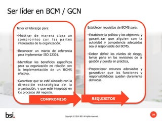 Copyright © 2014 BSI. All rights reserved.
20
Ser líder en BCM / GCN
Establecer requisitos de BCMS para:
• Establecer la p...