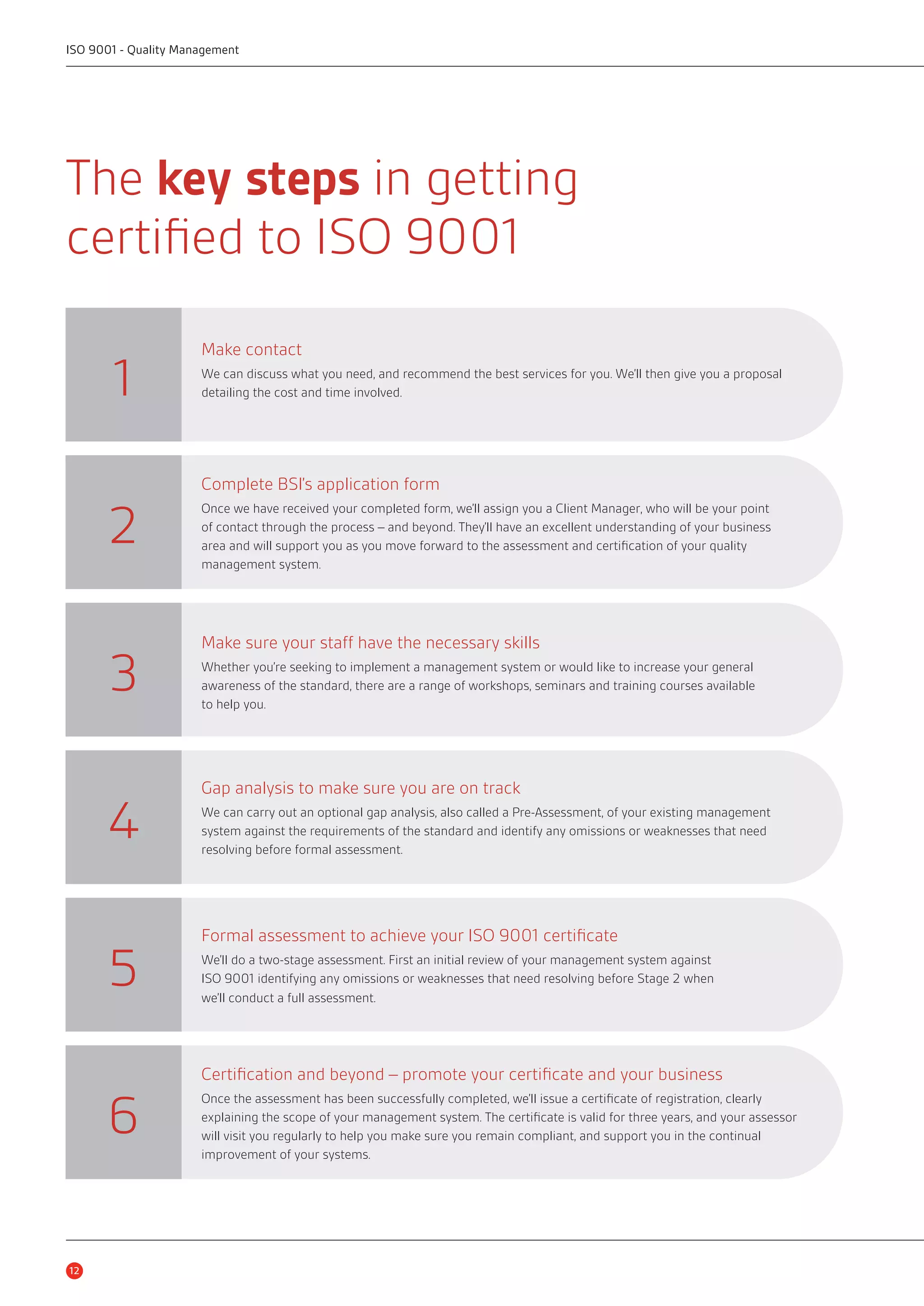 ISO 9001 - Quality Management 
The key steps in getting 
certifi ed to ISO 9001 
12 
1 
2 
3 
4 
5 
6 
Make contact 
We can discuss what you need, and recommend the best services for you. We’ll then give you a proposal 
detailing the cost and time involved. 
Complete BSI’s application form 
Once we have received your completed form, we’ll assign you a Client Manager, who will be your point 
of contact through the process – and beyond. They’ll have an excellent understanding of your business 
area and will support you as you move forward to the assessment and certifi cation of your quality 
management system. 
Make sure your staff have the necessary skills 
Whether you’re seeking to implement a management system or would like to increase your general 
awareness of the standard, there are a range of workshops, seminars and training courses available 
to help you. 
Gap analysis to make sure you are on track 
We can carry out an optional gap analysis, also called a Pre-Assessment, of your existing management 
system against the requirements of the standard and identify any omissions or weaknesses that need 
resolving before formal assessment. 
Formal assessment to achieve your ISO 9001 certifi cate 
We’ll do a two-stage assessment. First an initial review of your management system against 
ISO 9001 identifying any omissions or weaknesses that need resolving before Stage 2 when 
we’ll conduct a full assessment. 
Certifi cation and beyond – promote your certifi cate and your business 
Once the assessment has been successfully completed, we’ll issue a certifi cate of registration, clearly 
explaining the scope of your management system. The certifi cate is valid for three years, and your assessor 
will visit you regularly to help you make sure you remain compliant, and support you in the continual 
improvement of your systems. 
 