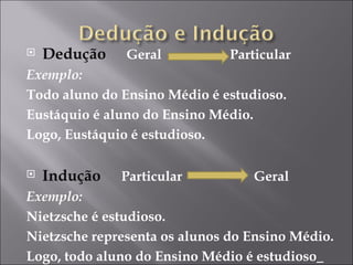 Dedução   Geral  Particular Exemplo: Todo aluno do Ensino Médio é estudioso. Eustáquio é aluno do Ensino Médio. Logo, Eustáquio é estudioso. Indução   Particular  Geral  Exemplo: Nietzsche é estudioso. Nietzsche representa os alunos do Ensino Médio. Logo, todo aluno do Ensino Médio é estudioso   