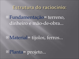 Fundamentação = terreno, dinheiro e mão-de-obra... Material = tijolos, ferros... Planta = projeto... 