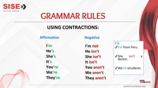 USING CONTRACTIONS:
GRAMMAR RULES
Affirmative
I’m
He’s
She’s
It’s
You’re
We’re
They’re
I’m not
He isn’t
She isn’t
It isn’t
You aren’t
We aren’t
They aren’t
Negative
e.g.
✔I’m from Peru.
✔She isn’t a
doctor.
✔We’re strudents.
 