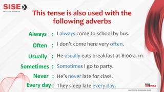 This tense is also used with the
following adverbs
Always
Often
Usually
Sometimes
Never
Every day
I always come to school by bus.
I don’t come here very often.
He usually eats breakfast at 8:00 a. m.
Sometimes I go to party.
He’s never late for class.
They sleep late every day.
:
:
:
:
:
:
 