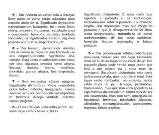 Significado divinatório: É uma carta que
significa o passado e as lembranças.
Inclinamo-nos sobre o passado, e a infância;
alegria, boa disposição, mas que chega do
passado; o que já desapareceu. Se for dada
outra interpretação, tratando-se de novos
conhecimentos, de um novo ambiente.
Invertida: futuro, renovação, o futuro
próximo.
5 – Um personagem sóbrio, coberto por
uma capa, vira-se para três taças tombadas;
atrás de si, duas taças ainda estão de pé. Em
segundo plano pode ver-se uma ponte que
leva a um castelo ou a uma torre de
menagem. Significado divinatório: esta carta
indica uma perda, mas que não é total. Três
taças estão tombadas, no entanto, ainda
estão duas de pé. Herança, patrimônio,
transmissão, mas que não correspondem às
expectativas do consulente; também pode ser
um casamento, mas não sem amargura ou
frustração. Invertida: novidades, alianças,
afinidades. consangüinidade, ascendentes,
regresso, falsos projetos.
9 – Um homem saudável está a festejar.
Nove taças de vinho estão colocadas num
armário atrás de si. Significado divinatório:
contentamento, harmonia, bem estar físico;
vitória, sucesso, vantagens, satisfação para
o consulente. Invertida: verdade, lealdade,
liberdade, os significados variam; algumas
pessoas vêem erros, imperfeições, etc.
8 – Um homem, visivelmente abatido,
vira as costas às taças da sua felicidade, ao
seu empreendimento. Significado divi-
natório: Esta carta é suficientemente clara,
por isso, algumas pessoas vêem alegria,
doçura, timidez, honra, modéstia.
Invertida: grande alegria, boa disposição,
festim.
7 – Sete estranhos cálices mágicos.
Significado divinatório: Votos concedidos
pelas fadas; reflexão, imaginação, visões;
sucesso sem ser permanente ou importan-
te. Invertida: desejo, vontade, determi-
nação, projetos.
6 – Duas crianças num velho jardim; as
suas taças estão cheias de flores.
 