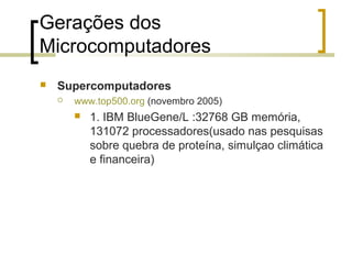 Gerações dos
Microcomputadores


Supercomputadores


www.top500.org (novembro 2005)


1. IBM BlueGene/L :32768 GB memória,
131072 processadores(usado nas pesquisas
sobre quebra de proteína, simulçao climática
e financeira)

 