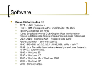Software


Breve Histórico dos SO














1971 – UNIX (Bell Labse )
1981 - IBM projeta o IBM/PC, DOS/BASIC, MS-DOS
IBM PC/AT/80286 em 1983
Doug Engelbart inventa GUI (Graphic User Interface) e o
mouse (adotada pela Xerox e incorporada em suas máquinas)
LISA (Apple) incorpora GUI – fracasso (alto custo)
Apple MacIntosh – enorme sucesso
1990 - MS-GUI: W3.0/3.1/3.11/W95,W98, WMe – W/NT
1991 Linus Torvalds desenvolve o kernel para o Linux (baseado
no UNIX), surge o SWL.
1995 – Windows 95
1996 – Windows NT
2000 – Windows Me e Windows 2000
2002 – Windows XP
2003 - Windows 2003

 