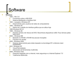 Software


Windows

1990 – Win 3.0

Funcionava sobre o MS-DOS

Sistema Multitarefa e Interface GUI

1993 – Lançado o Windows NT

Desenvolvido para usuários de redes de computadores

1995 – Windows 95

Definiu-se o padrão de interface gráfica que se utiliza hoje

1996 Windows Nt 4.0

1998 – Windows 98

Primeira versão a ler discos de DVD, Reconhecia dispositivos USB, Ficou famoso pelas
telas azuis

2000 – Windows ME

Baseado no WIn95 e Win98 traz poucas inovações

Fracasso de vendas

2000 - Windows 2000

Sistema desenvolvido para redes baseado na tecnologia NT e oferecia maior
estabilidade

2001- Windows XP

Visual Remodelado

Adicionado de ferramentas multimídia

2006 - Windows Vista

Pesquisa integrada com a internet, mais segurança e o Internet Explorer 7.0

Totalmente Multimídia

 