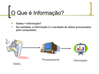 O Que é Informação?



Dados = Informação?
Na realidade, a informação é o resultado de dados processados
pelo computador.

Processamento
Dados

Informações

 