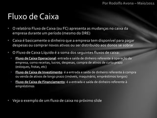 Por Rodolfo Avona – Maio/2011
• O relatório Fluxo de Caixa (ou FC) apresenta as mudanças no caixa da
empresa durante um período (mesmo do DRE)
• Caixa é basicamente o dinheiro que a empresa tem disponível para pagar
despesas ou comprar novos ativos ou ser distribuído aos donos se sobrar
• O Fluxo de Caixa Líquido é a soma dos seguintes fluxos de caixa:
• Fluxo de Caixa Operacional: entrada e saída de dinheiro referente à operação da
empresa, como receitas, lucros, despesas, compra de ativos de curto prazo
(estoques, frotas, etc)
• Fluxo de Caixa de Investimento: é a entrada e saída de dinheiro referente à compra
ou venda de ativos de longo prazo (imóveis, maquinário, empréstimos longos)
• Fluxo de Caixa de Financiamento: é a entrada e saída de dinheiro referente à
empréstimos
• Veja o exemplo de um fluxo de caixa no próximo slide
Fluxo de Caixa
 