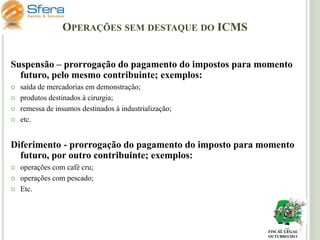 OPERAÇÕES SEM DESTAQUE DO ICMS
Suspensão – prorrogação do pagamento do impostos para momento
futuro, pelo mesmo contribuinte; exemplos:






saída de mercadorias em demonstração;
produtos destinados à cirurgia;
remessa de insumos destinados à industrialização;
etc.

Diferimento - prorrogação do pagamento do imposto para momento
futuro, por outro contribuinte; exemplos:




operações com café cru;
operações com pescado;
Etc.

FISCAL LEGAL
OUTUBRO/2011

 