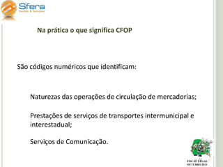 Na prática o que significa CFOP

São códigos numéricos que identificam:

Naturezas das operações de circulação de mercadorias;
Prestações de serviços de transportes intermunicipal e
interestadual;
Serviços de Comunicação.
FISCAL LEGAL
OUTUBRO/2011

 
