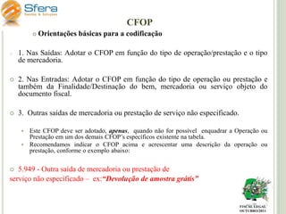 CFOP


Orientações básicas para a codificação

o

1. Nas Saídas: Adotar o CFOP em função do tipo de operação/prestação e o tipo
de mercadoria.



2. Nas Entradas: Adotar o CFOP em função do tipo de operação ou prestação e
também da Finalidade/Destinação do bem, mercadoria ou serviço objeto do
documento fiscal.



3. Outras saídas de mercadoria ou prestação de serviço não especificado.
Este CFOP deve ser adotado, apenas, quando não for possível enquadrar a Operação ou
Prestação em um dos demais CFOP’s específicos existente na tabela.
 Recomendamos indicar o CFOP acima e acrescentar uma descrição da operação ou
prestação, conforme o exemplo abaixo:


5.949 - Outra saída de mercadoria ou prestação de
serviço não especificado – ex:“Devolução de amostra grátis”


FISCAL LEGAL
OUTUBRO/2011

 