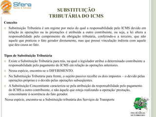 SUBSTITUIÇÃO
TRIBUTÁRIA DO ICMS
Conceito


Substituição Tributária é um regime por meio do qual a responsabilidade pelo ICMS devido em
relação às operações ou às prestações é atribuída a outro contribuinte, ou seja, a lei altera a
responsabilidade pelo cumprimento da obrigação tributária, conferindo-a a terceiro, que não
aquele que praticou o fato gerador diretamente, mas que possui vinculação indireta com aquele
que deu causa ao fato.

Tipos de Substituição Tributária


Existe a Substituição Tributária para trás, na qual o legislador atribui a determinado contribuinte a
responsabilidade pelo pagamento do ICMS em relação às operações anteriores.



Nessa espécie, encontra-se o DIFERIMENTO.



Na Substituição Tributária para frente, o sujeito passivo recolhe os dois impostos – o devido pelas
operações próprias e o devido pelas operações subseqüentes.



A Substituição Concomitante caracteriza-se pela atribuição da responsabilidade pelo pagamento
do ICMS a outro contribuinte, e não àquele que esteja realizando a operação/ prestação,
concomitante à ocorrência do fato gerador.

Nessa espécie, encontra-se a Substituição tributária dos Serviços de Transporte

FISCAL LEGAL
OUTUBRO/2011

 