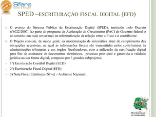 SPED –ESCRITURAÇÃO FISCAL DIGITAL (EFD)


O projeto do Sistema Público de Escrituração Digital (SPED), instituído pelo Decreto
nº6022/2007, faz parte do programa de Aceleração do Crescimento (PAC) do Governo federal e
se constitui em mais um avanço na informatização da relação entre o Fisco e o contribuinte.



O Projeto consiste, de modo geral, na modernização da sistemática atual de cumprimento das
obrigações acessórias, na qual as informações fiscais são transmitidas pelos contribuintes às
administrações tributarias e aos órgãos fiscalizadores, com a utilização da certificação digital
para fins de assinatura de documentos eletrônicos, processo pelo qual e garantida a validade
jurídica na sua forma digital, composto por 3 grandes subprojetos:



1º) Escrituração Contábil Digital (ECD)



2º) Escrituração Fiscal Digital (EFD)



3) Nota Fiscal Eletrônica (NF-e) – Ambiente Nacional.

FISCAL LEGAL
OUTUBRO/2011

 
