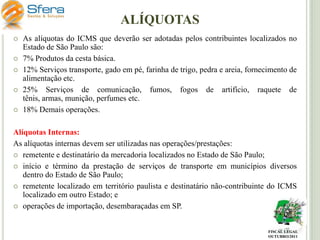 ALÍQUOTAS






As alíquotas do ICMS que deverão ser adotadas pelos contribuintes localizados no
Estado de São Paulo são:
7% Produtos da cesta básica.
12% Serviços transporte, gado em pé, farinha de trigo, pedra e areia, fornecimento de
alimentação etc.
25% Serviços de comunicação, fumos, fogos de artifício, raquete de
tênis, armas, munição, perfumes etc.
18% Demais operações.

Alíquotas Internas:
As alíquotas internas devem ser utilizadas nas operações/prestações:
 remetente e destinatário da mercadoria localizados no Estado de São Paulo;
 início e término da prestação de serviços de transporte em municípios diversos
dentro do Estado de São Paulo;
 remetente localizado em território paulista e destinatário não-contribuinte do ICMS
localizado em outro Estado; e
 operações de importação, desembaraçadas em SP.

FISCAL LEGAL
OUTUBRO/2011

 
