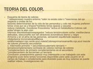 Teoria del color.<br />Esquema de teoria de colores* radiasionesen nuestro entorno.*color no existe color c *reacciones de...