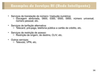 Exemplos de Serviços RI (Rede Inteligente)
36
• Serviços de translação de número / tradução numérica:
o Discagem abreviada, 0800, 0300, 0500, 0900, número universal,
número pessoal, etc.
• Serviços de tarifação alternativa:
o Telecard, pré-pago, telefonia pública a cartão de crédito, etc.
• Serviços de restrição de acesso:
o Restrição de origem, de destino, CLIV, etc.
• Outros serviços:
o Televoto, VPN, etc.
 