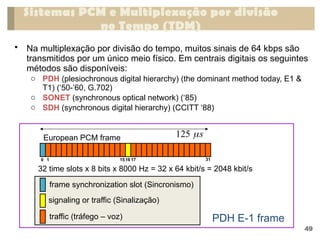 • Na multiplexação por divisão do tempo, muitos sinais de 64 kbps são
transmitidos por um único meio físico. Em centrais digitais os seguintes
métodos são disponíveis:
o PDH (plesiochronous digital hierarchy) (the dominant method today, E1 &
T1) (‘50-’60, G.702)
o SONET (synchronous optical network) (‘85)
o SDH (synchronous digital hierarchy) (CCITT ‘88)
Sistemas PCM e Multiplexação por divisão
no Tempo (TDM)
49
European PCM frame
32 time slots x 8 bits x 8000 Hz = 32 x 64 kbit/s = 2048 kbit/s
125 s
PDH E-1 frame
0 1 1516 17 31
frame synchronization slot (Sincronismo)
signaling or traffic (Sinalização)
traffic (tráfego – voz)
 