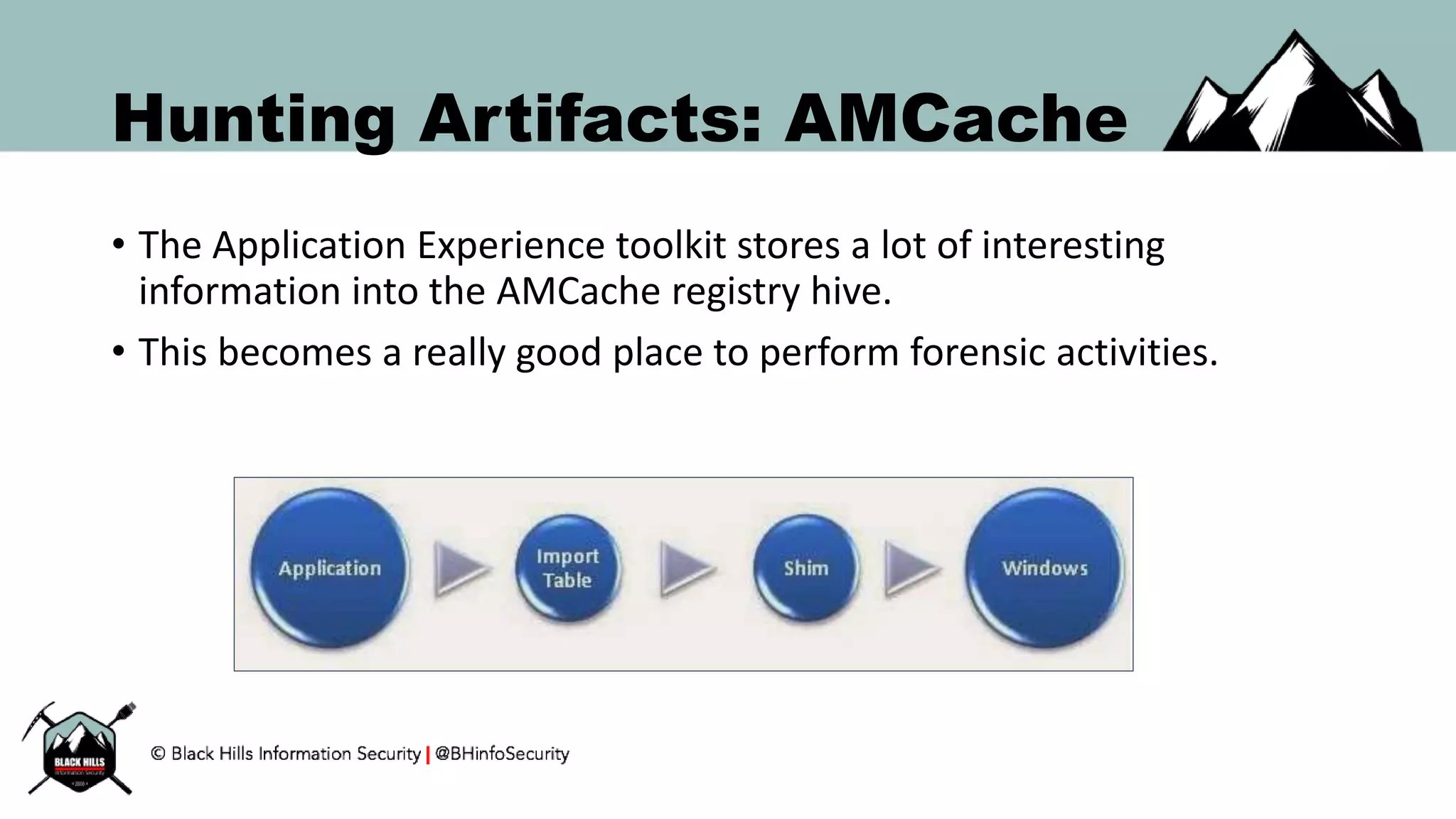 Hunting Artifacts: AMCache
• The Application Experience toolkit stores a lot of interesting
information into the AMCache registry hive.
• This becomes a really good place to perform forensic activities.
 