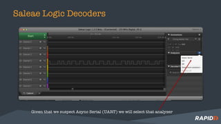 Saleae Logic Decoders
Given that we suspect Async Serial (UART) we will select that analyzer
 
