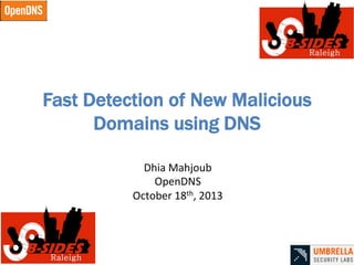  

Fast Detection of New Malicious
Domains using DNS
Dhia	
  Mahjoub	
  
OpenDNS	
  
October	
  18th,	
  2013	
  

 