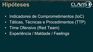 Hipóteses
• Indicadores de Comprometimentos (IoC)
• Táticas, Técnicas e Procedimentos (TTP)
• Time Ofensivo (Red Team)
• Experiência / Maldade / Feelings
 